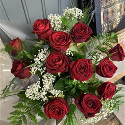 12 Red Roses and Gypsophila in a Vase
